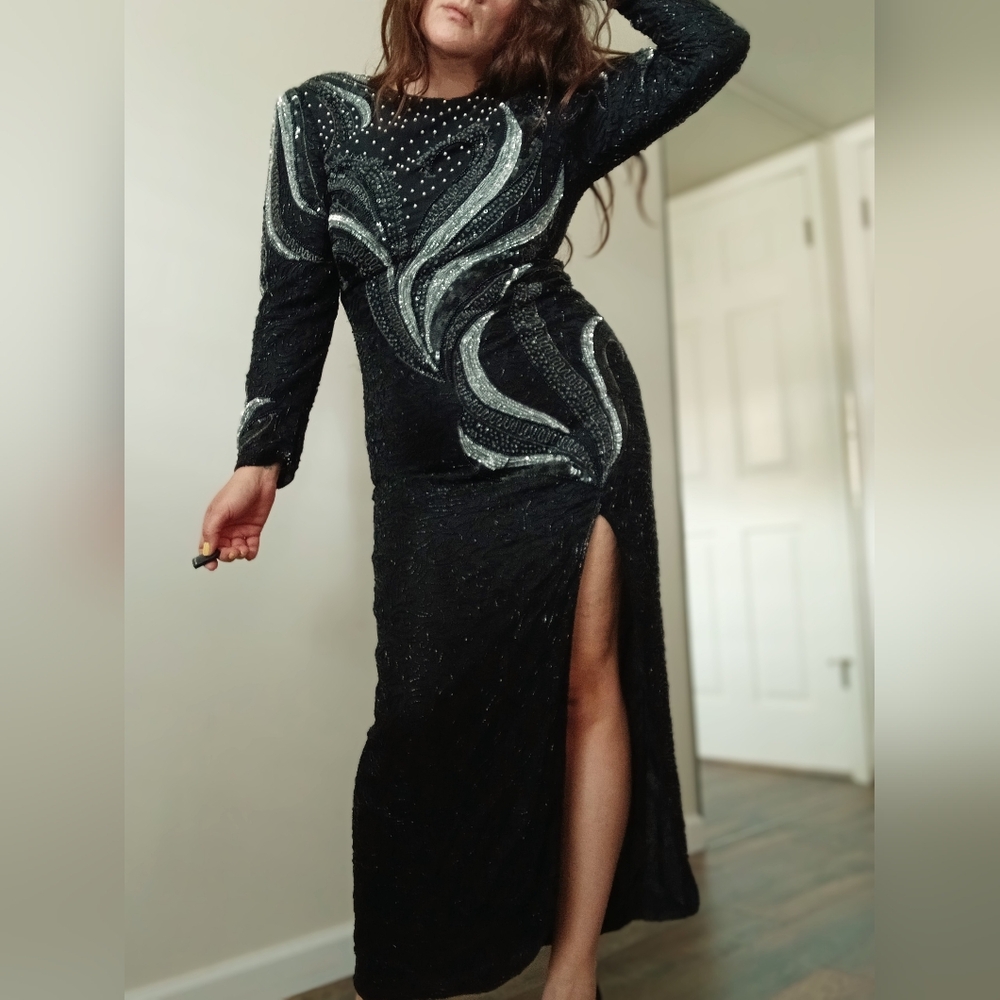 Vintage NIGHT VOGUE Black and Silver Long Sleeve Sequin Slit Gown